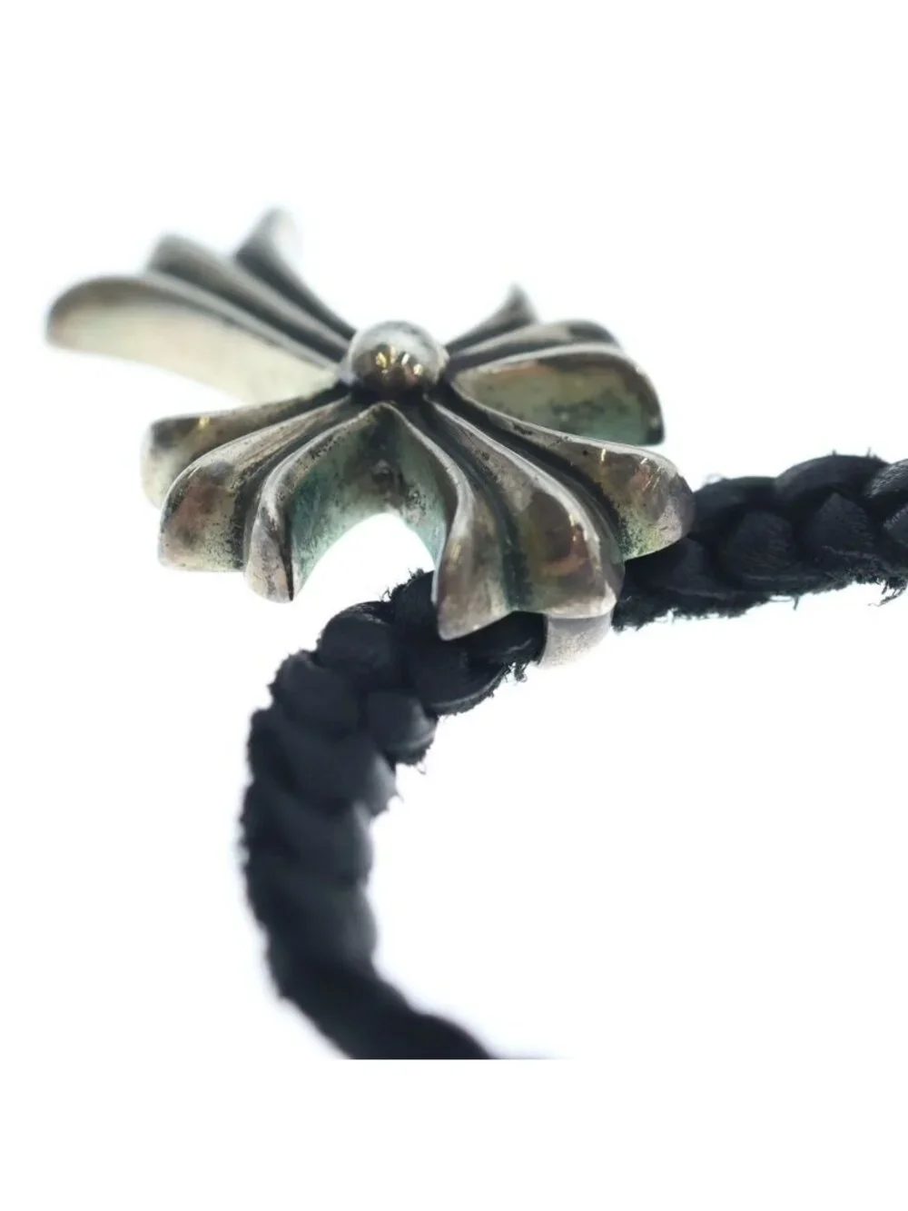 Chrome Hearts CH Crs Sml CL Small CH Cross Leather Braid Necklace Silver Black